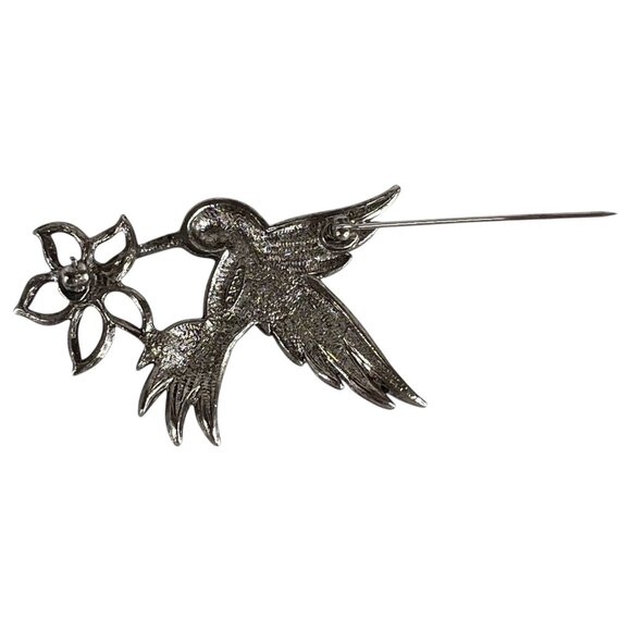Vintage Avon Silver Tone Hummingbird & Flower Pin Brooch Rhinestone Accents - Picture 7 of 8